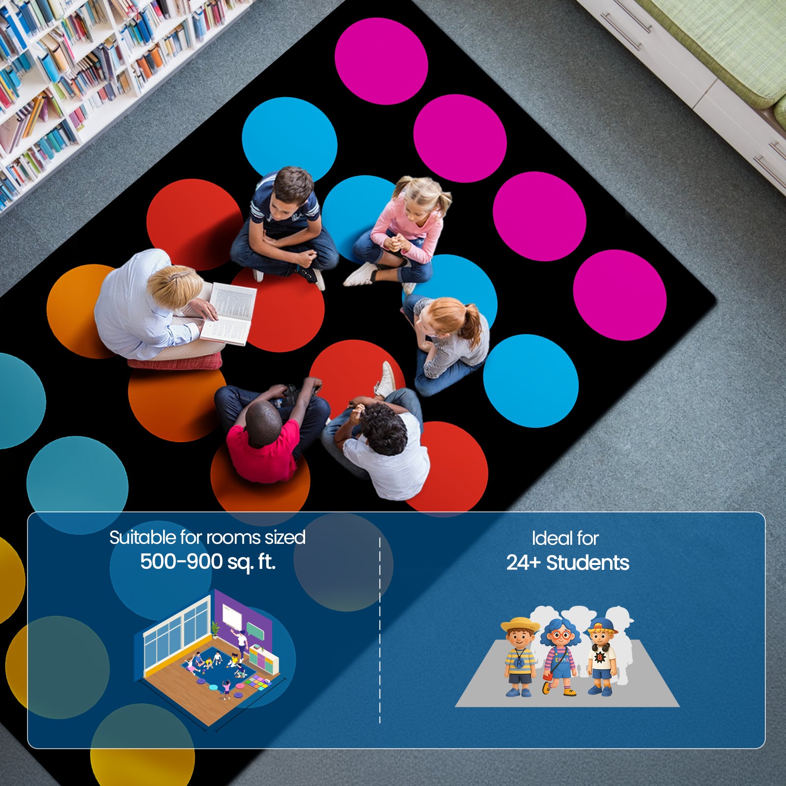 Classroom Rug Stain Resistance Multi-Color Circle Pattern