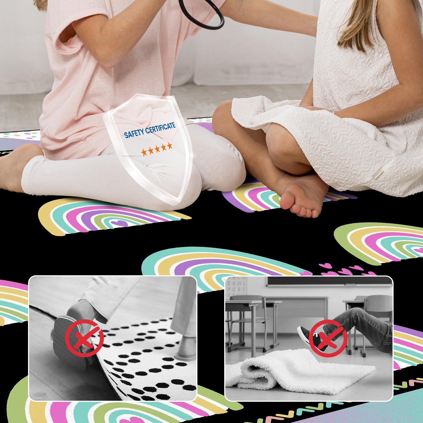 Classroom Rug Stain-Resistant Rainbow Arches Heart
