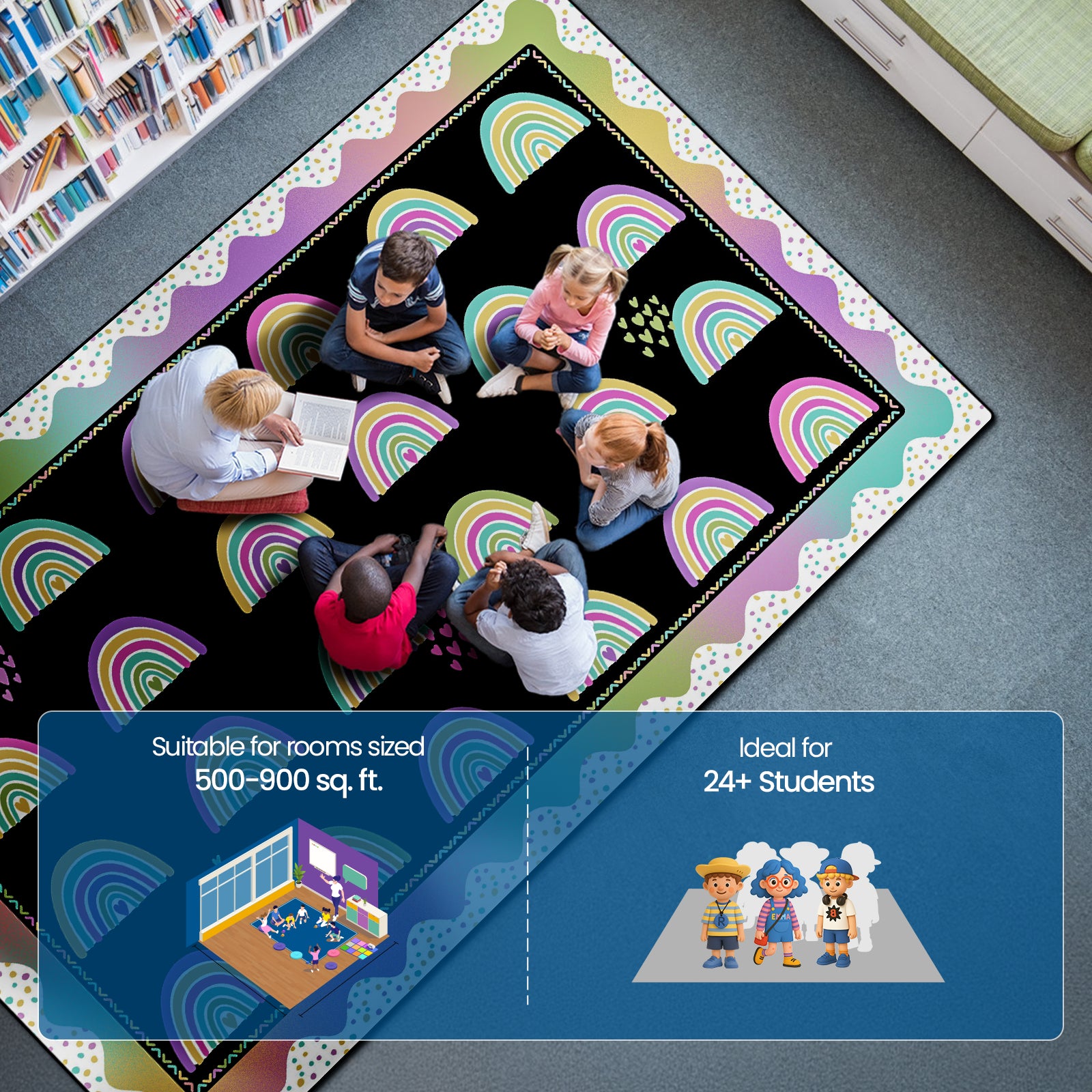 Classroom Rug Stain-Resistant Rainbow Arches Heart