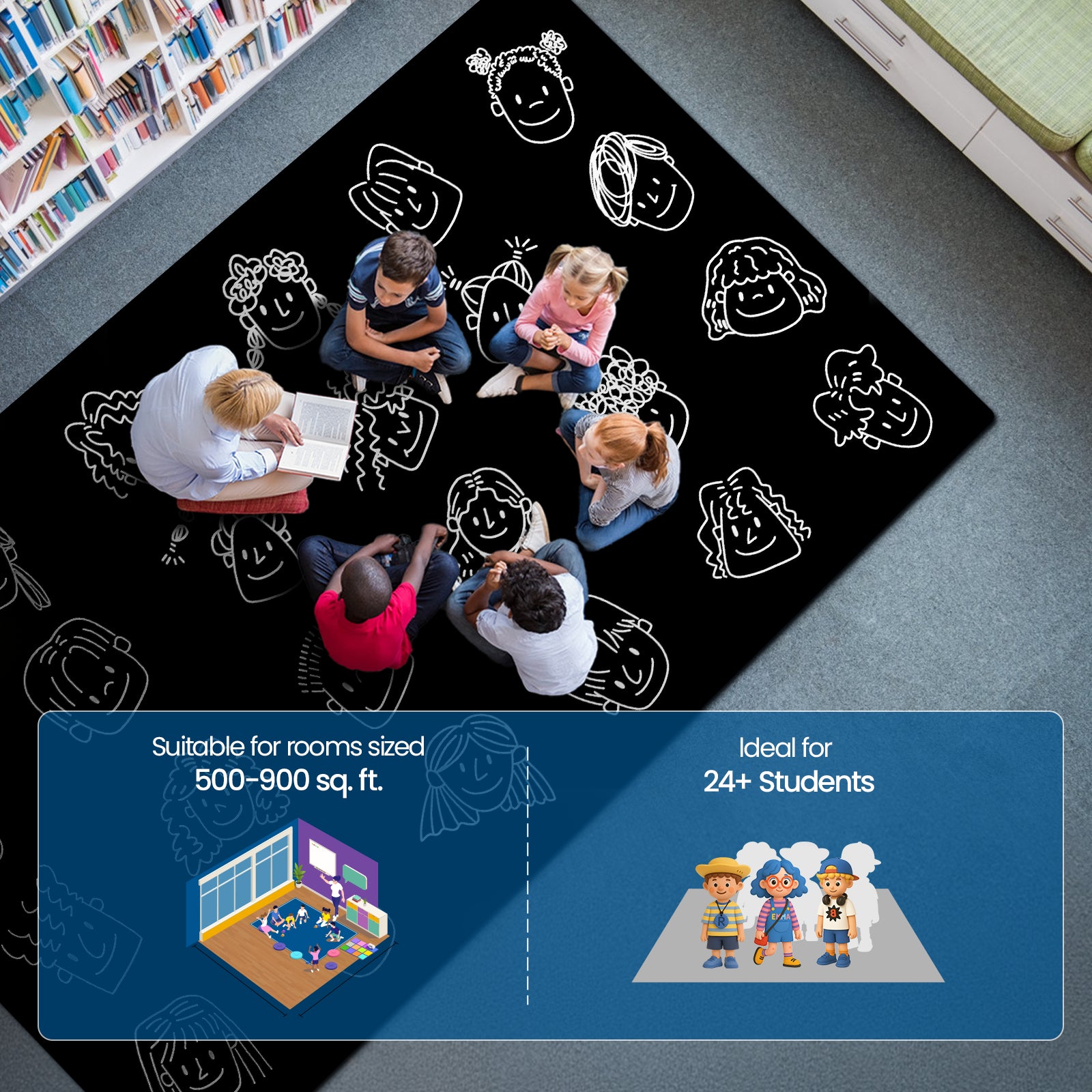 Classroom Rug Fade-Resistant Non-Slip Black Smiley