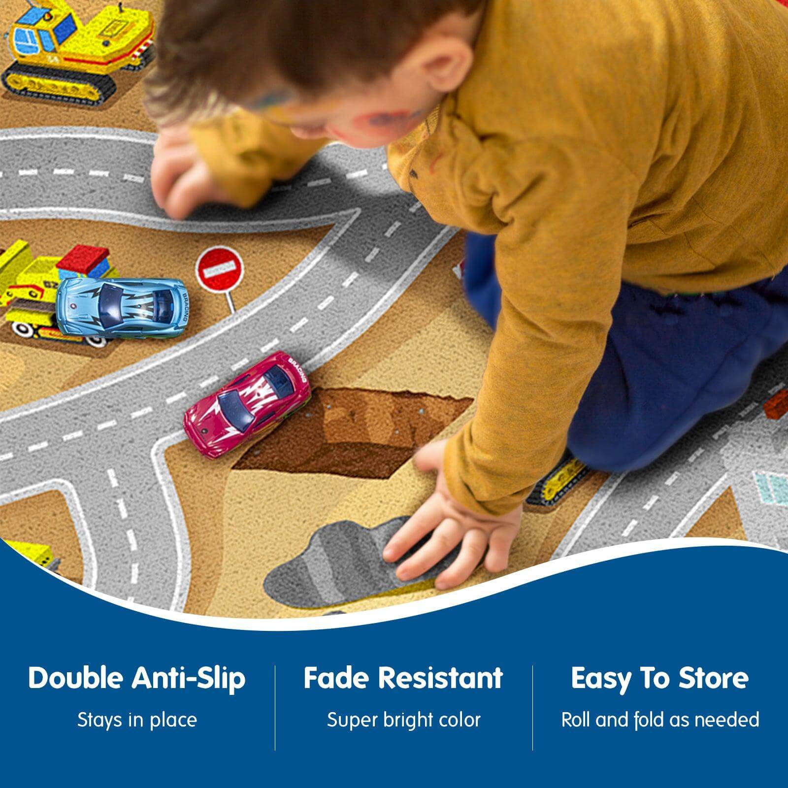 Construction Rug Play Mat 39X59,Non-Slip Kids Rug Construction Trucks Play Carpets for Cars Daycare Nursery Preschool Playroom Play Rug 04