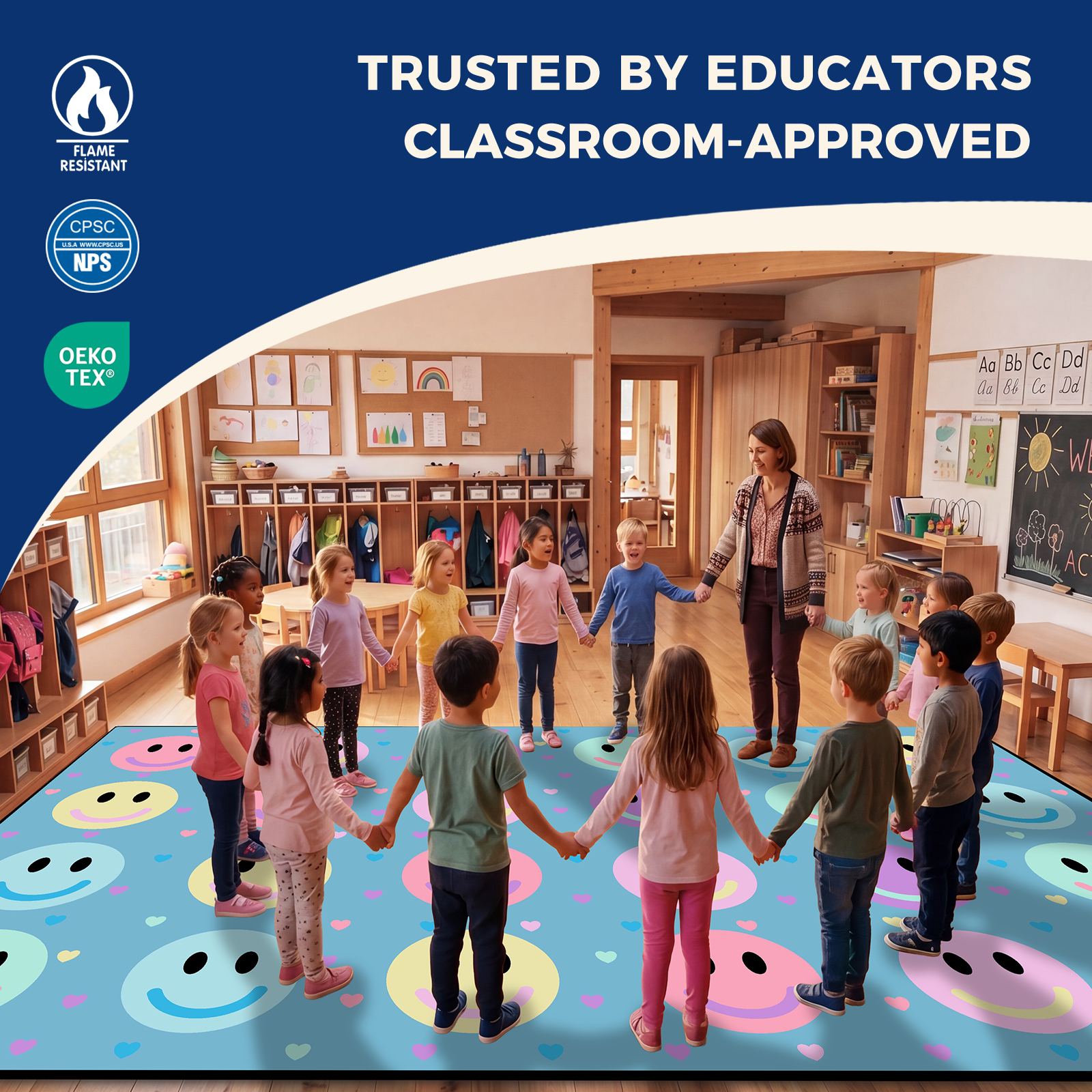 Blue Pastel Smileys Classroom Seating Rug