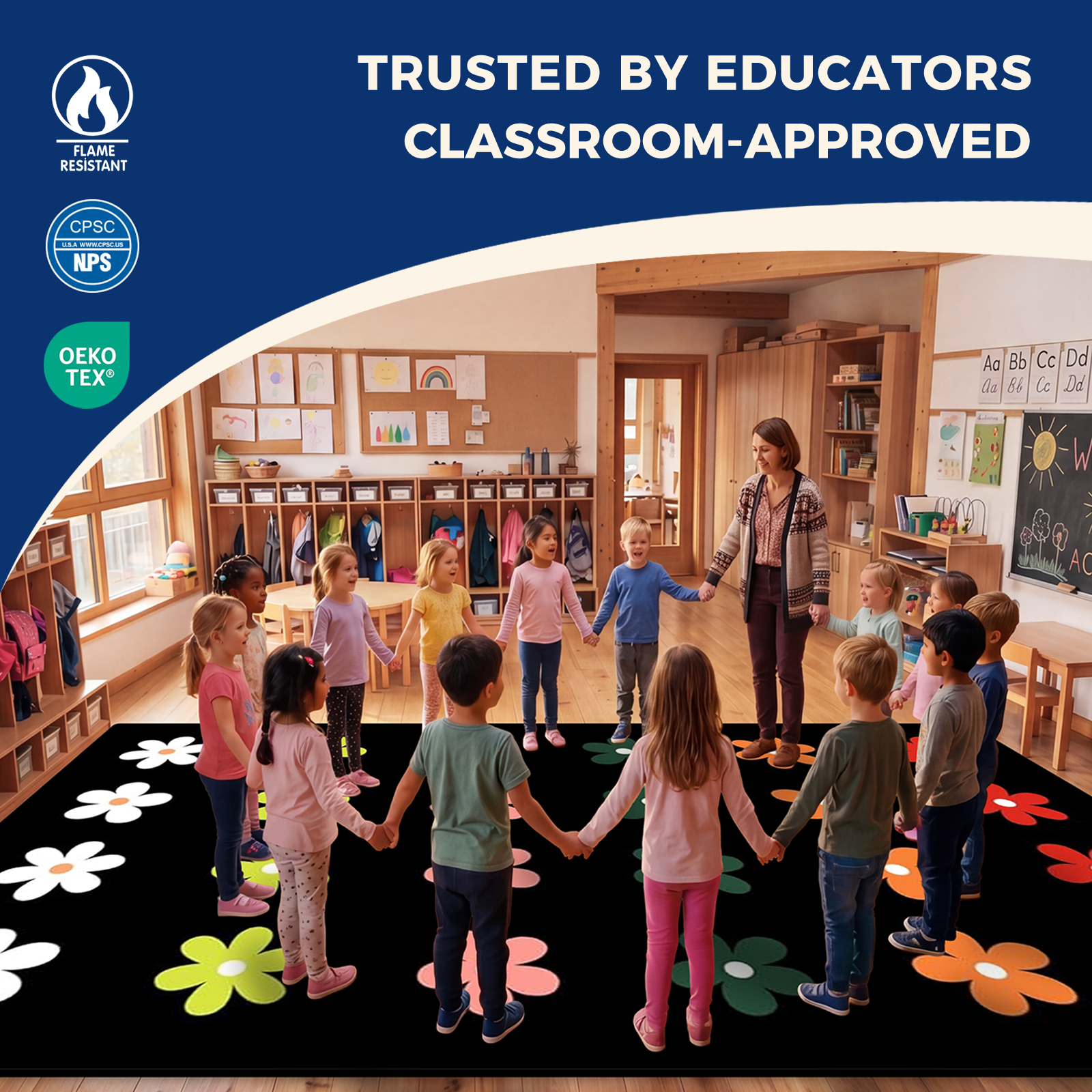 Black Daisy Floral Classroom Rug