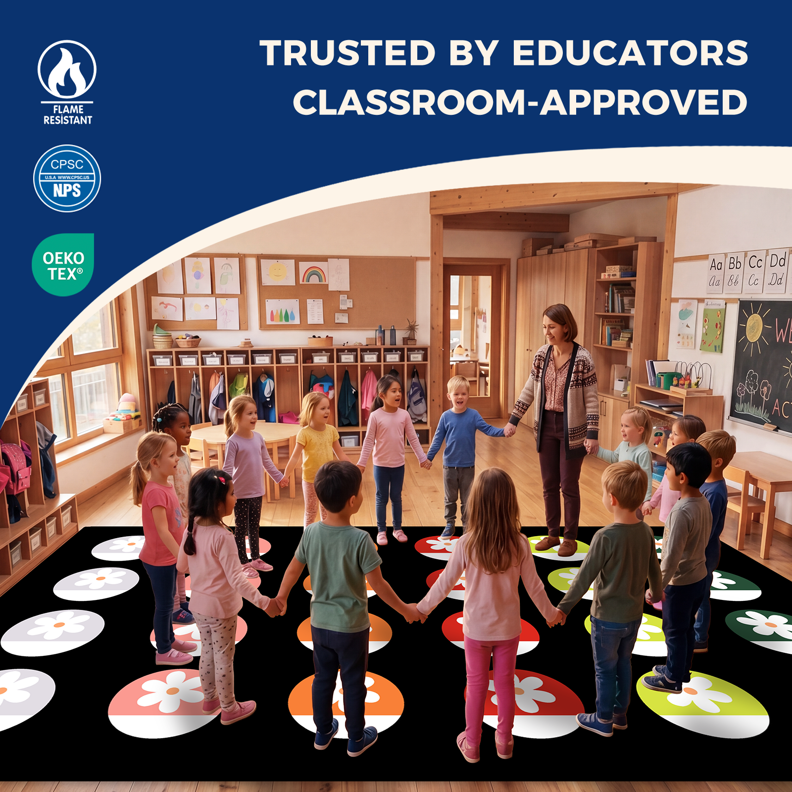 Black Daisy Circle Classroom Rug