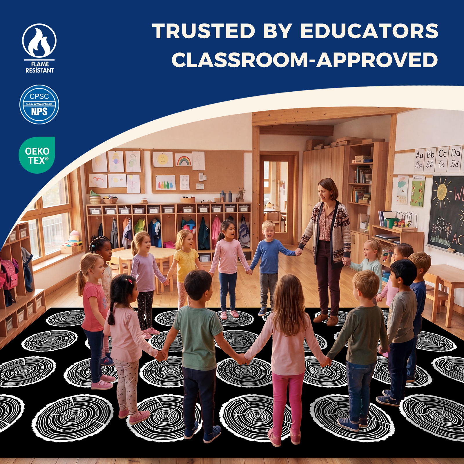 Black & White Tree Stump 28-Seat Classroom Rug