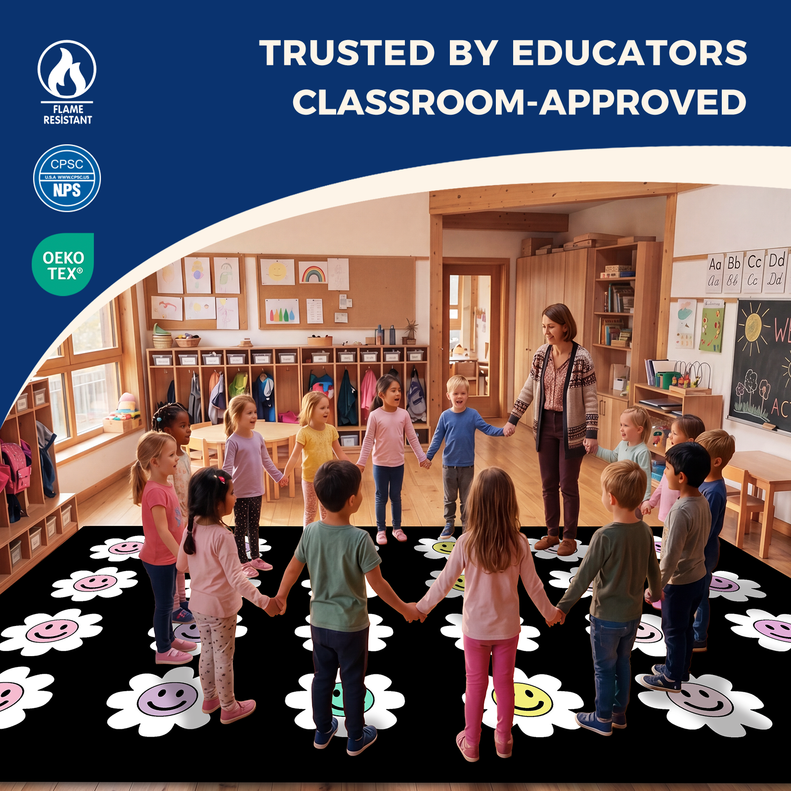Pastel Flower Smileys Classroom Rug
