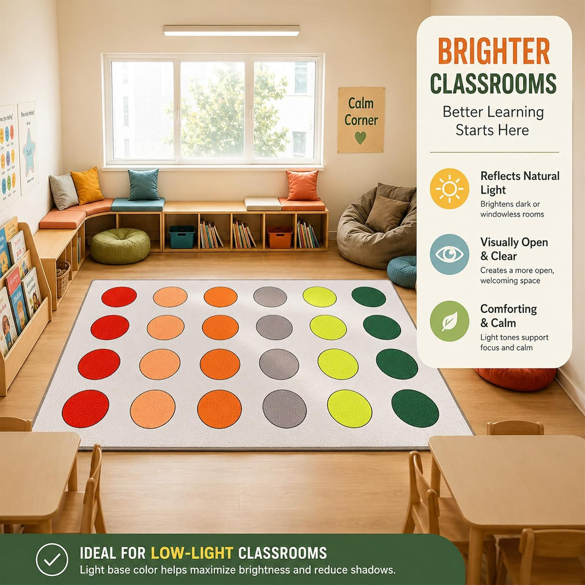 Calm Circles 24-Spot Classroom Rug