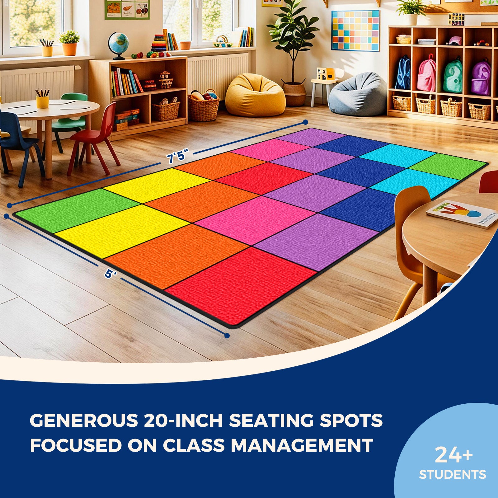 20-Seat Multicolor Square Classroom Rug