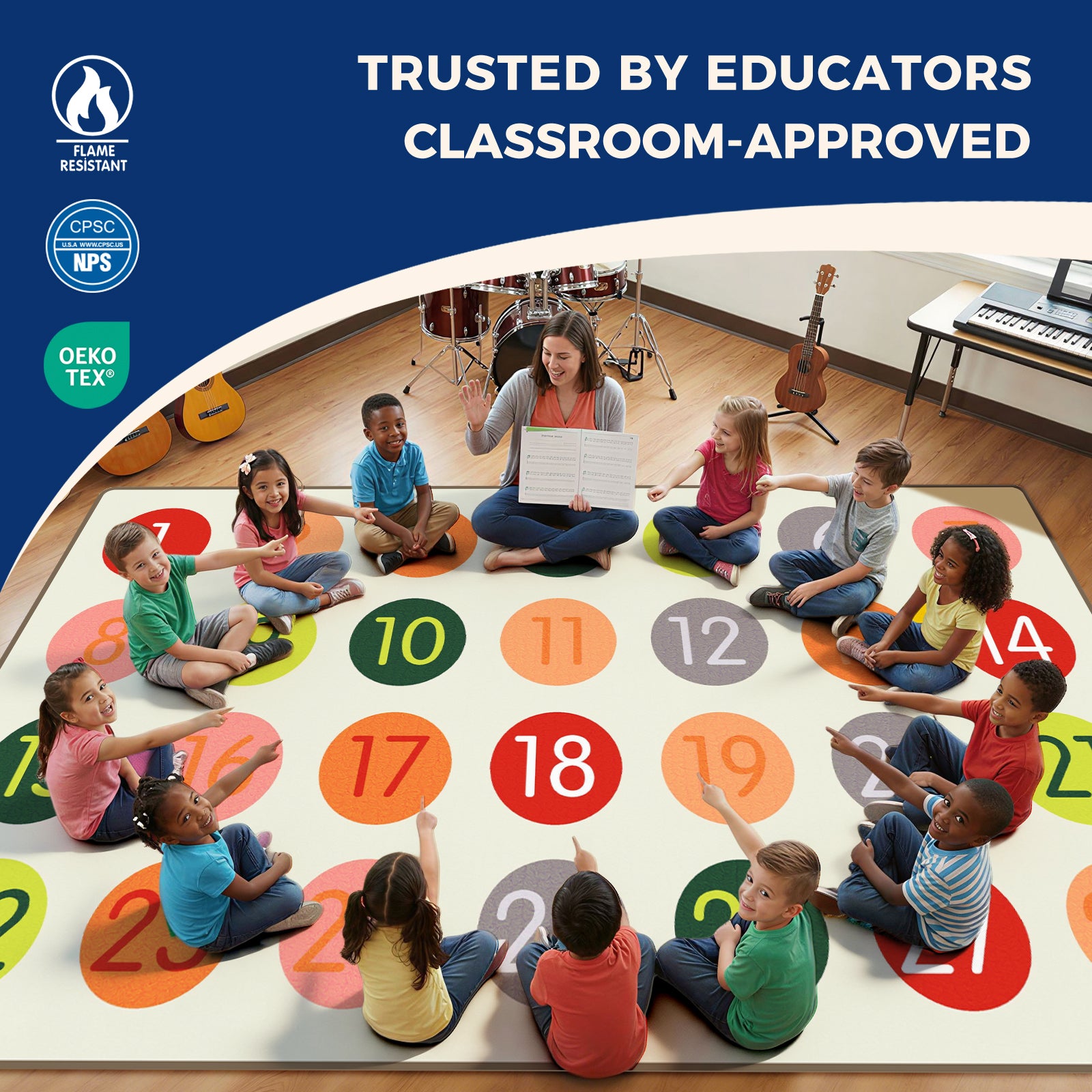 Boho Number Classroom Rug with 28 Sit Spots