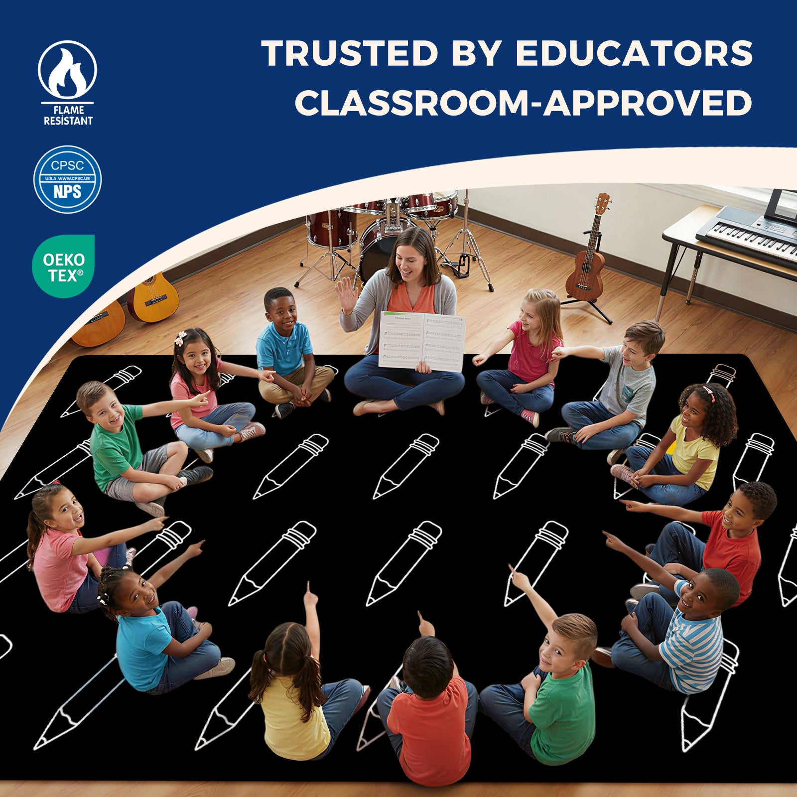 Black and White Pencil Classroom Rug