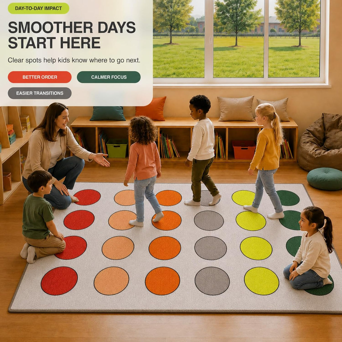 Calm Circles 24-Spot Classroom Rug