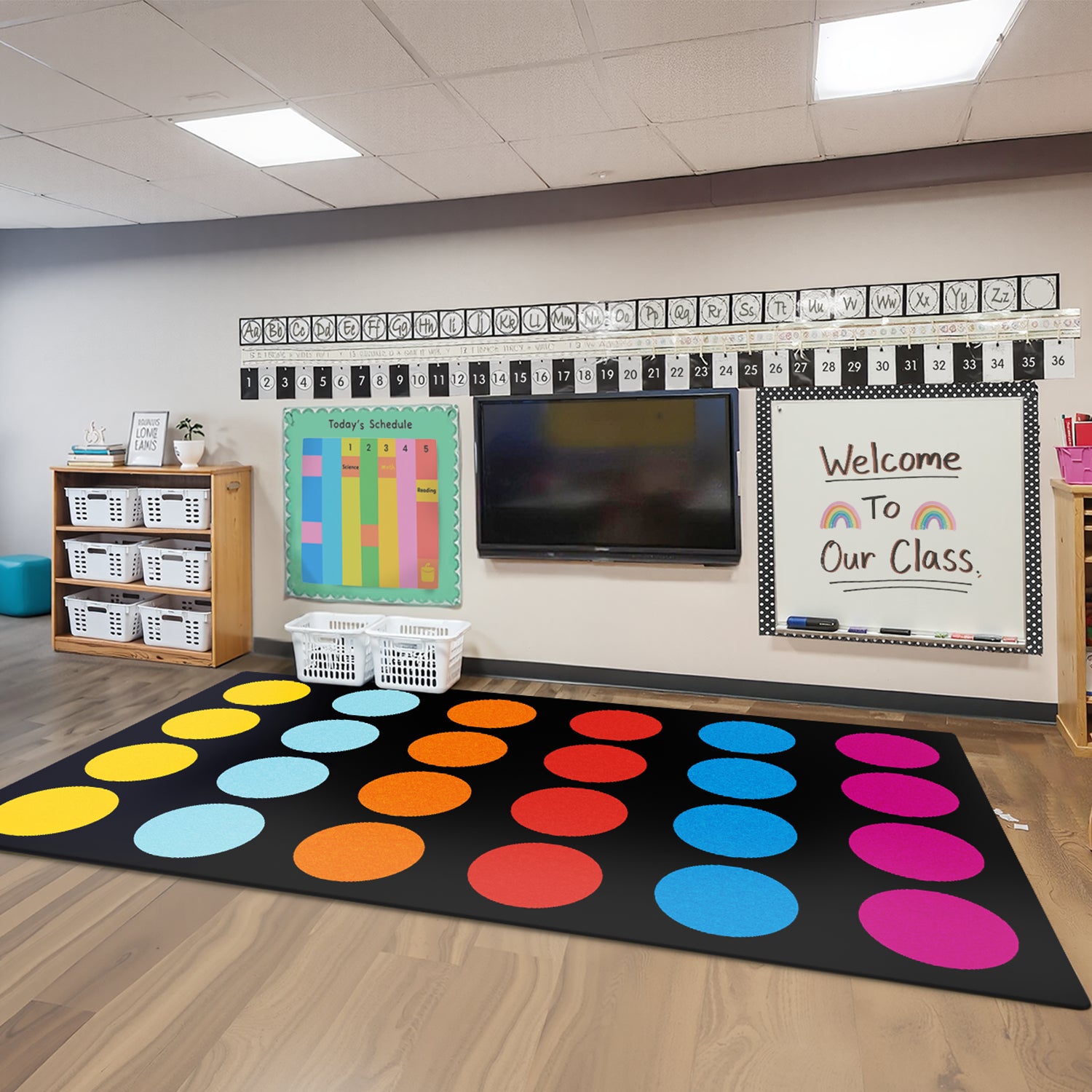 Classroom Rug Stain Resistance Multi-Color Circle Pattern