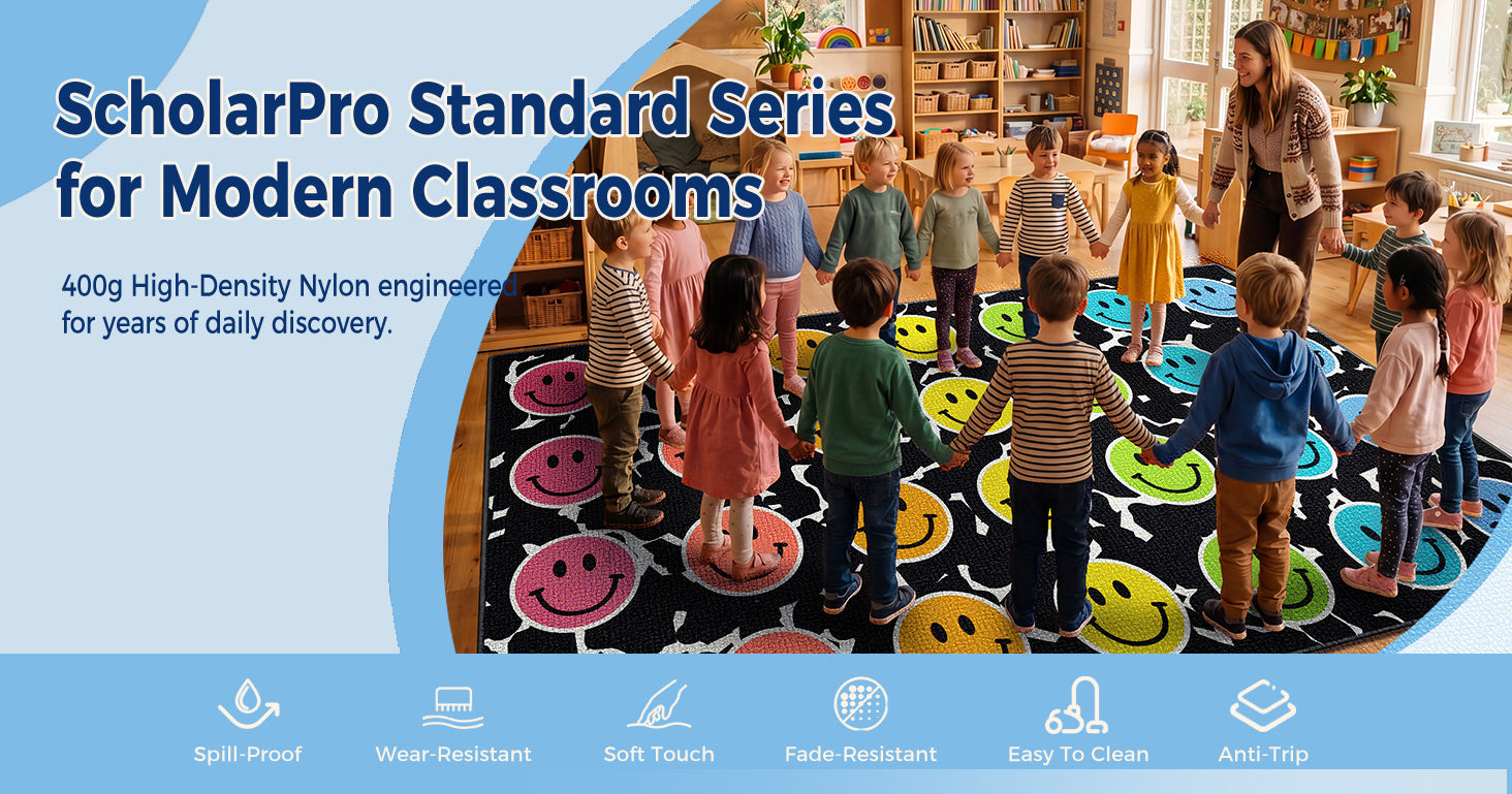 Rainbow Smiley Face Classroom Rug classroom rug scene image 8