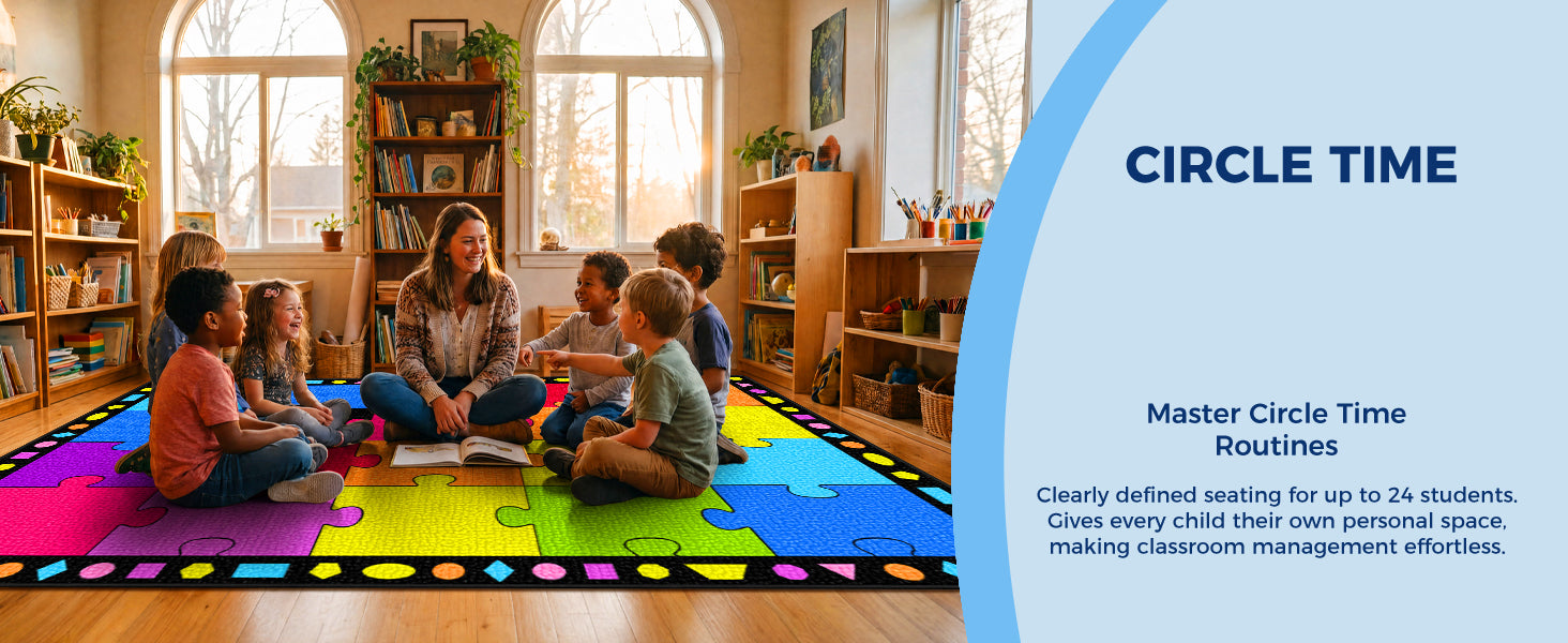 20-Seat Colorful Puzzle Classroom Rug classroom rug scene image 11