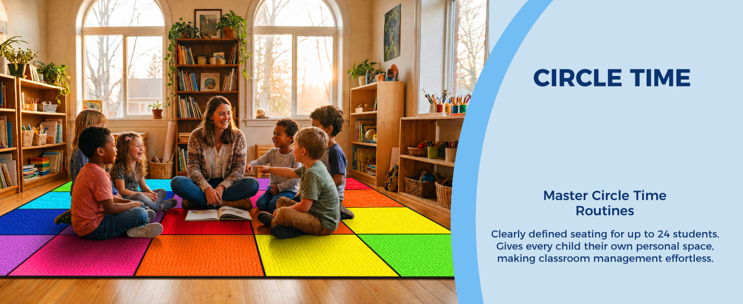 20-Seat Multicolor Square Classroom Rug classroom rug scene image 11