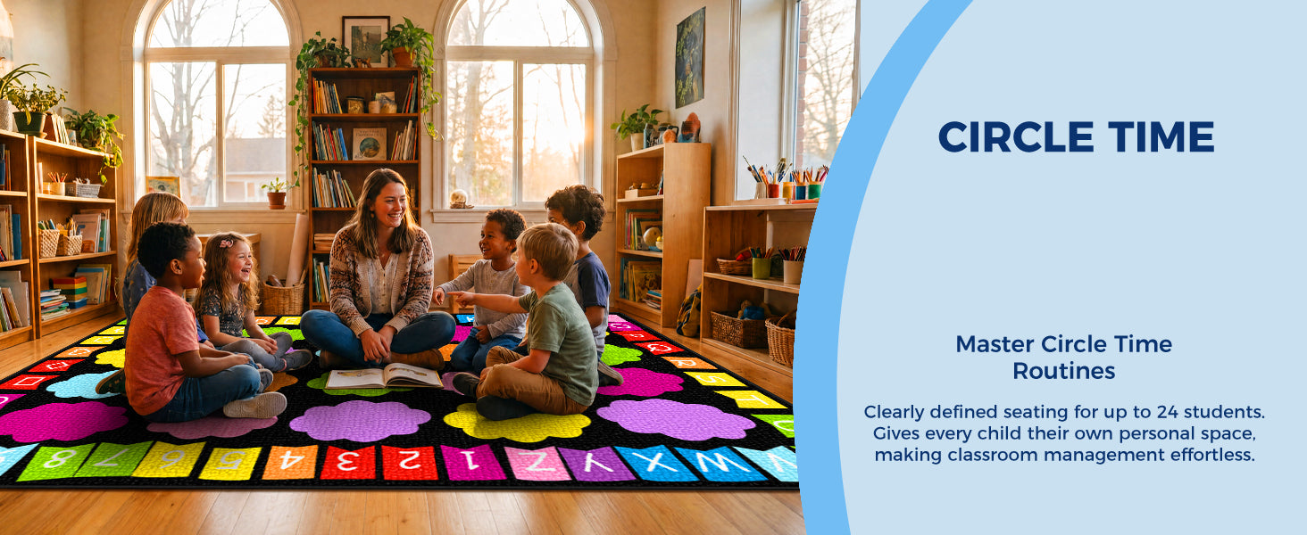20-Seat Colorful Cloud Alphabet Classroom Rug classroom rug scene image 11