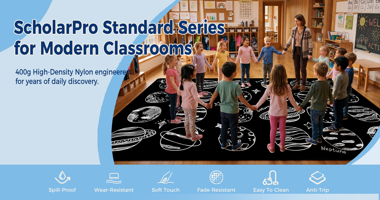 Black & White Planet Classroom Rug classroom rug scene image 1