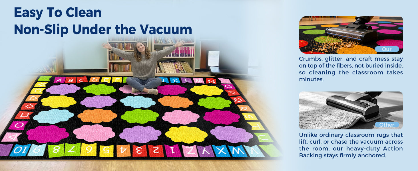 20-Seat Colorful Cloud Alphabet Classroom Rug classroom rug scene image 1