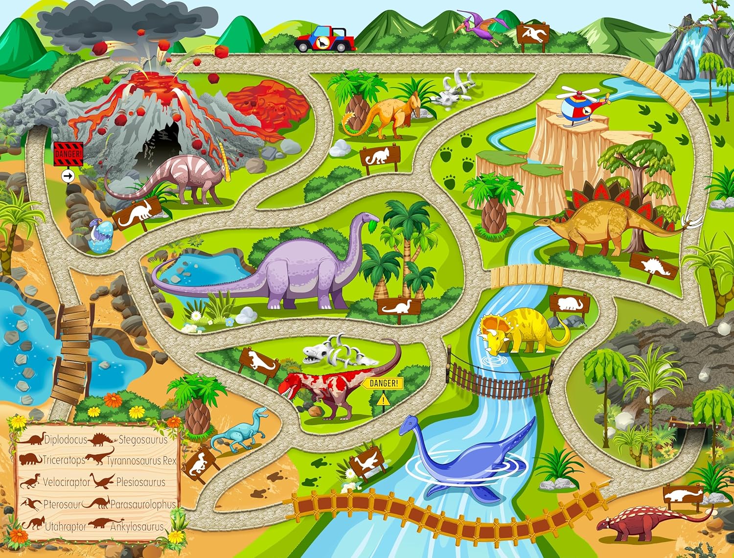 Dino Safari Kids Rug | Interactive Road Map Play Mat | Booooom Jackson