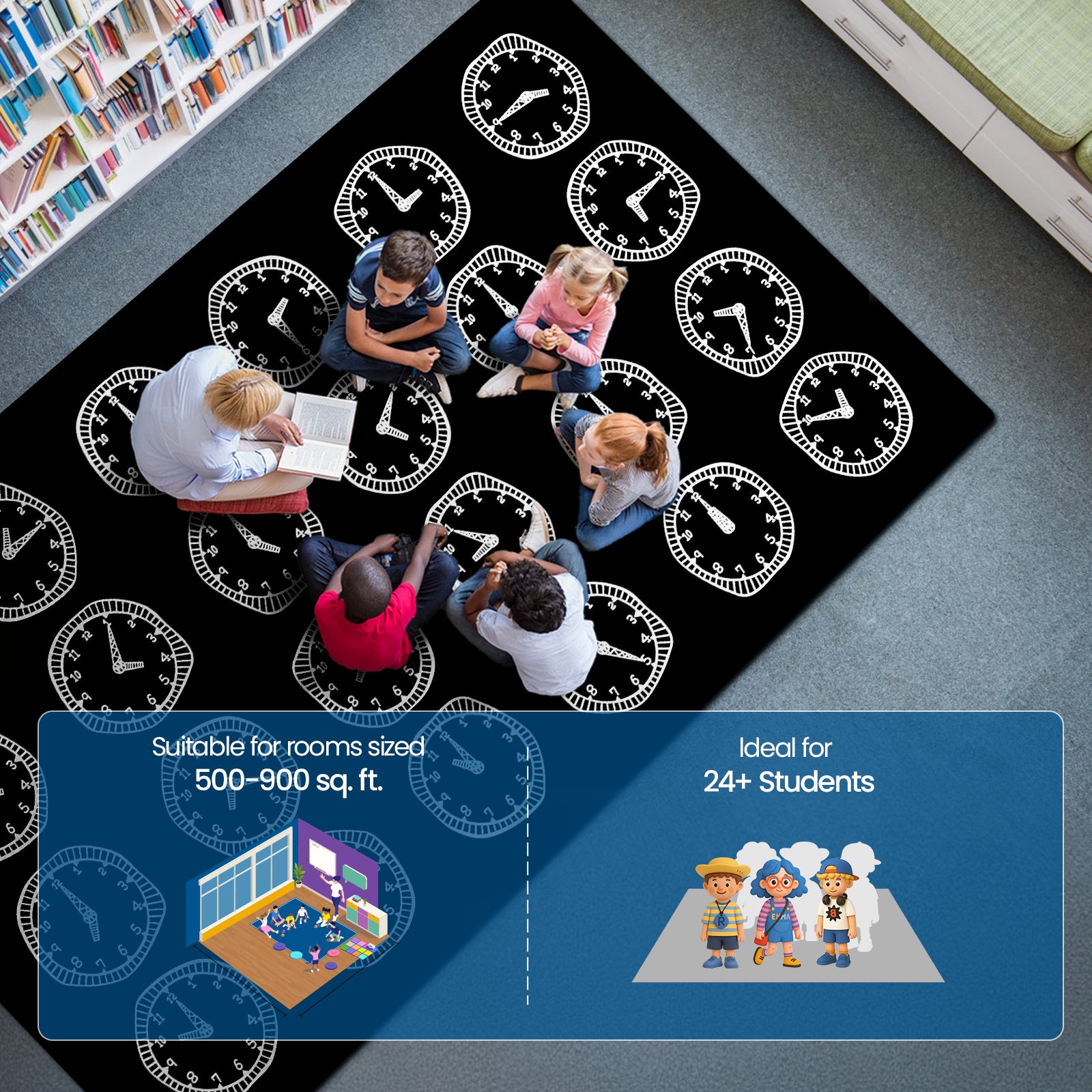 Classroom Rug High-Quality Black White Clock