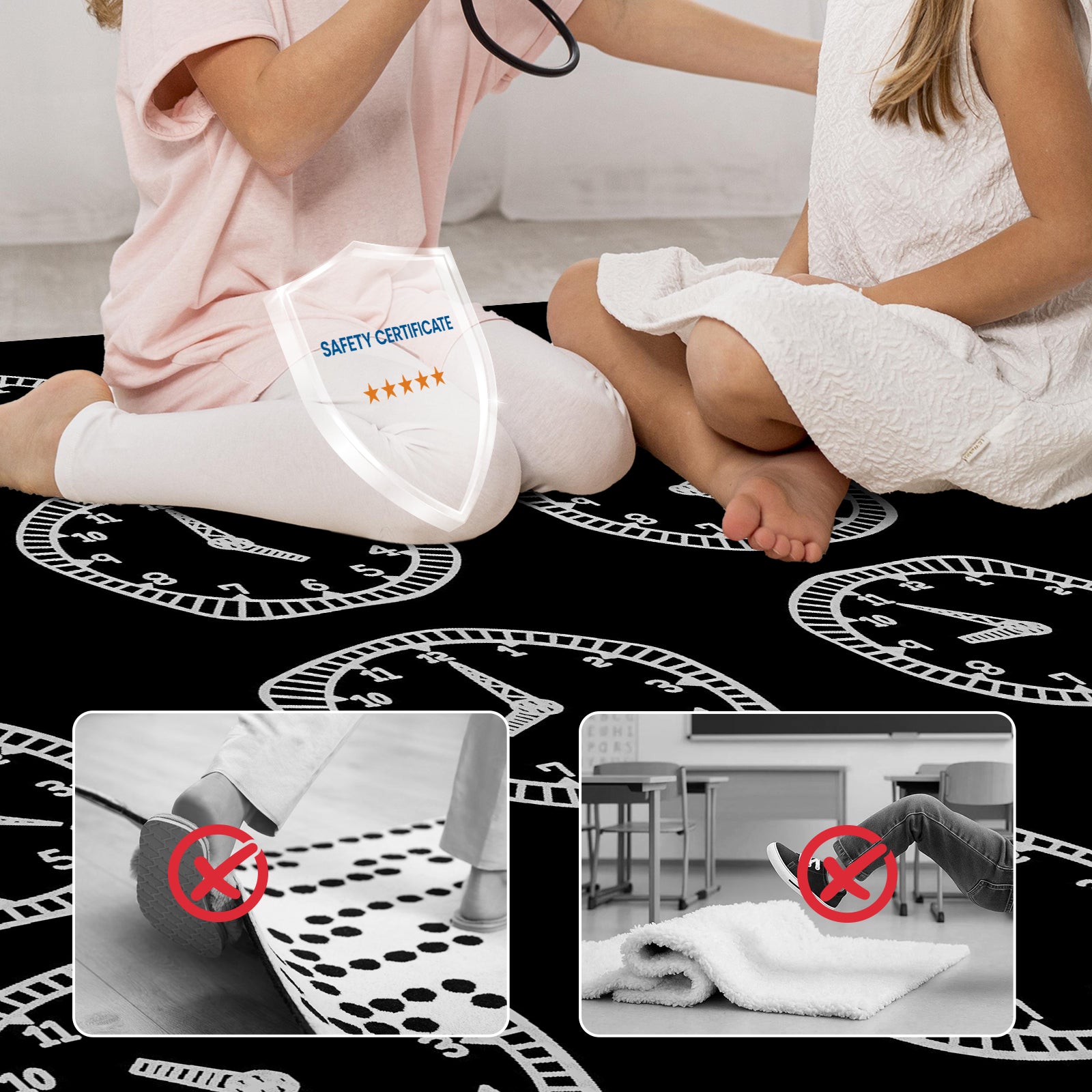 Classroom Rug High-Quality Black White Clock