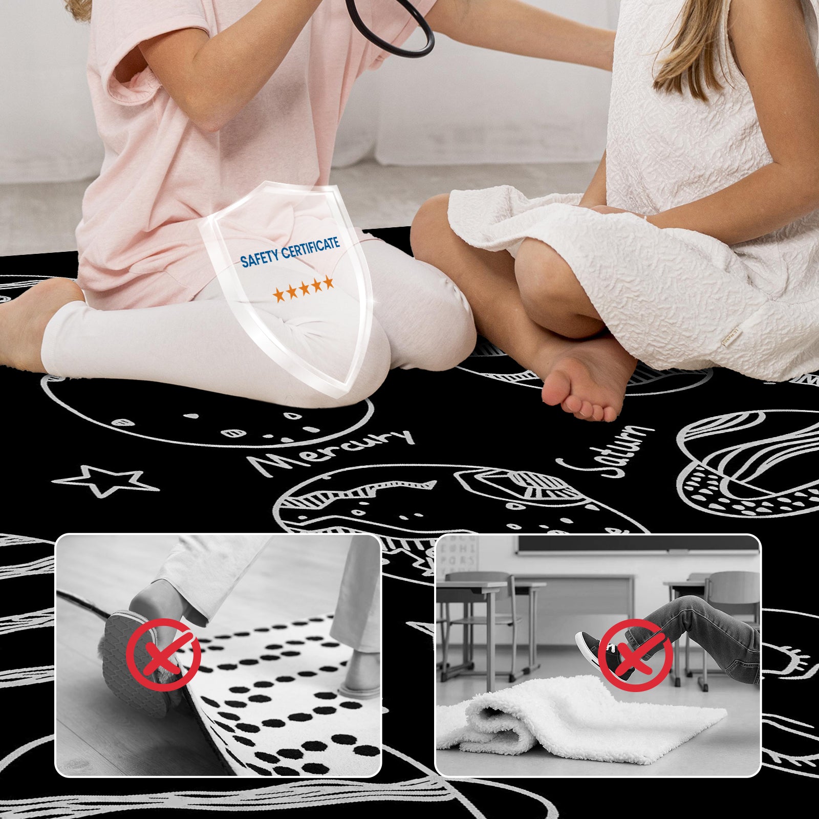 Classroom Rug Fade-Resistant Black & White Planet