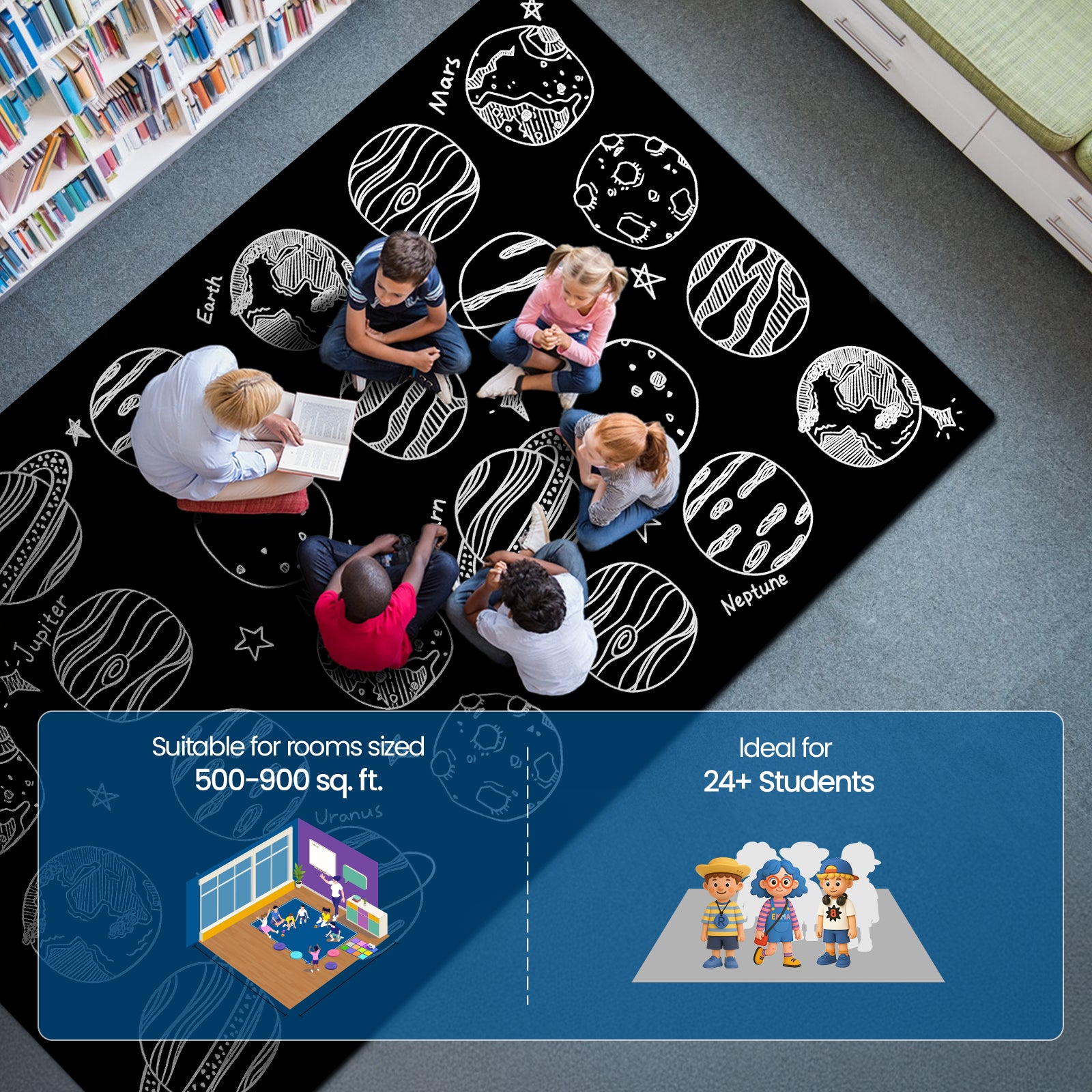 Classroom Rug Fade-Resistant Black & White Planet