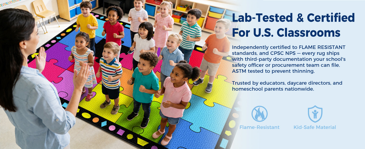 20-Seat Colorful Puzzle Classroom Rug classroom rug scene image 4