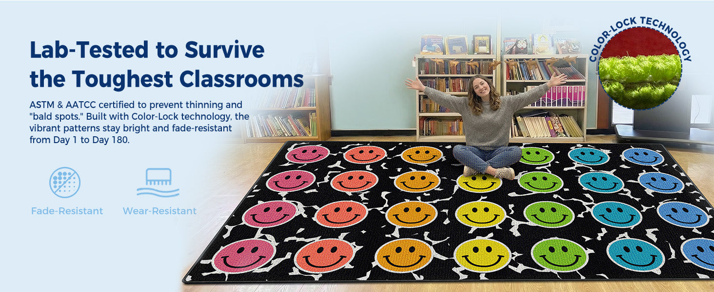 Rainbow Smiley Face Classroom Rug classroom rug scene image 4