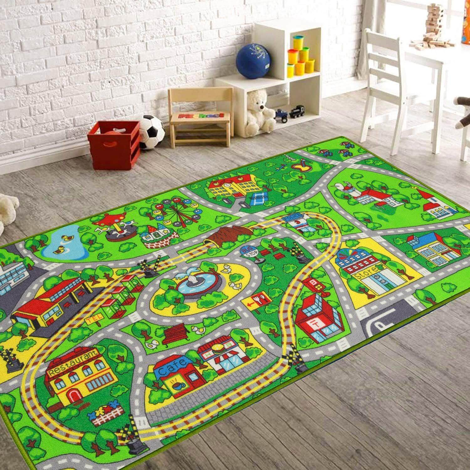Kids City Town Play Rug 59x31" Road and Train Track Rug for Driving Toy Cars on Children Educational Road Traffic Themed Play Mat Non-Slip Backing Daycare Nursery Preschool Playroom Rug 01