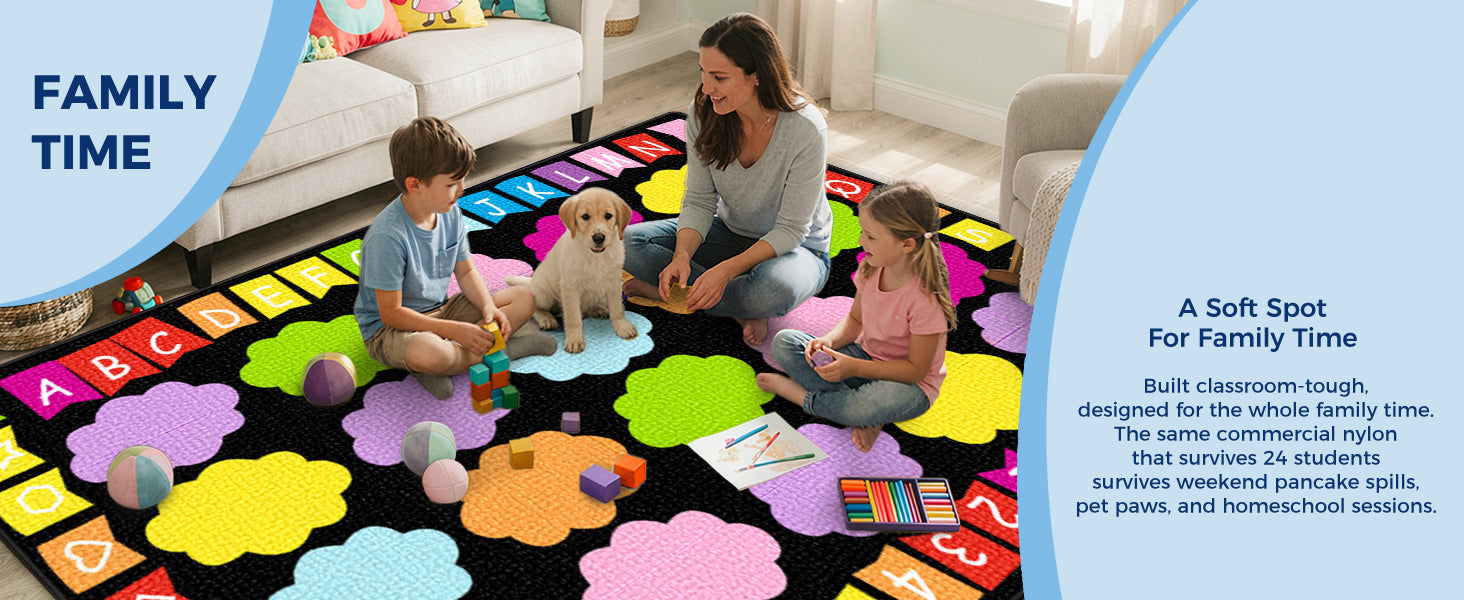 20-Seat Colorful Cloud Alphabet Classroom Rug classroom rug scene image 5
