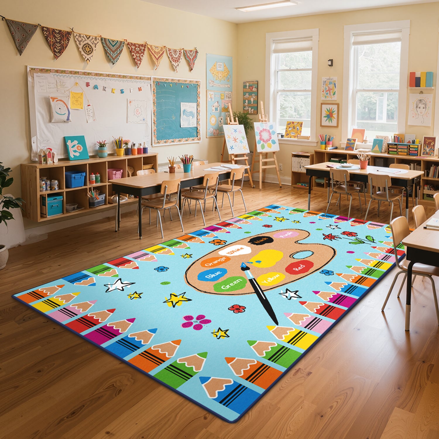 Classroom Rug Stain Resistance Non-Slip Colorful Crayons By Booooom Jackson