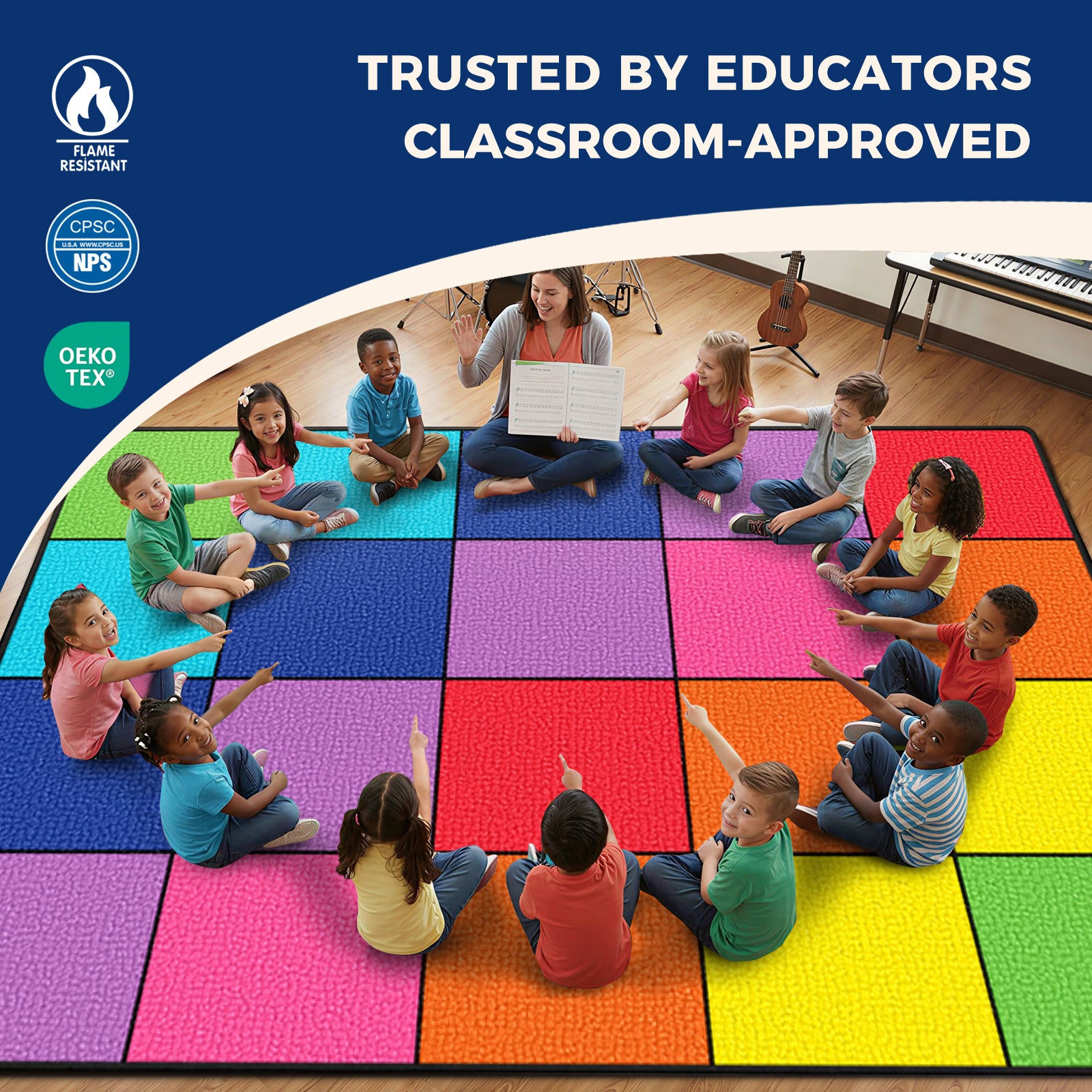 20-Seat Multicolor Square Classroom Rug