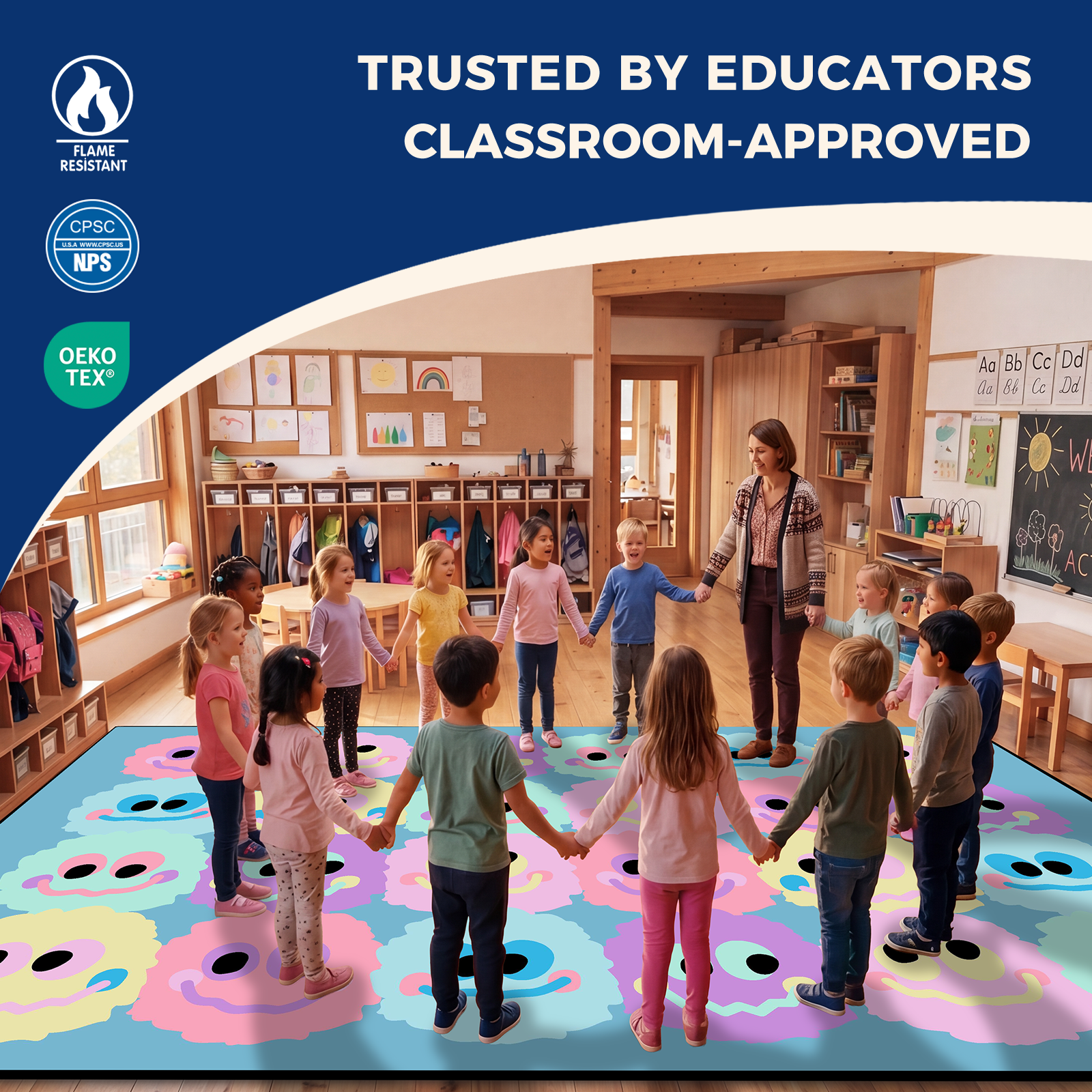 Pastel Plush Smileys Classroom Rug