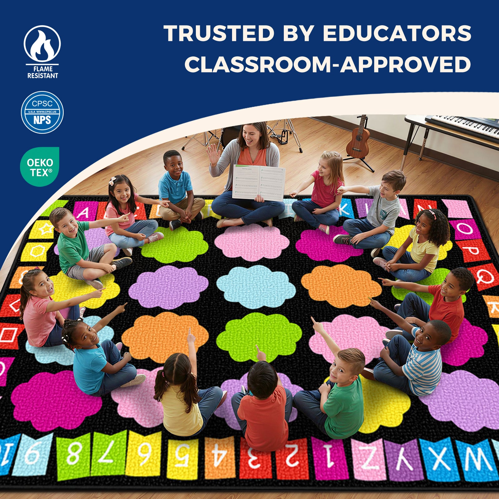 20-Seat Colorful Cloud Alphabet Classroom Rug