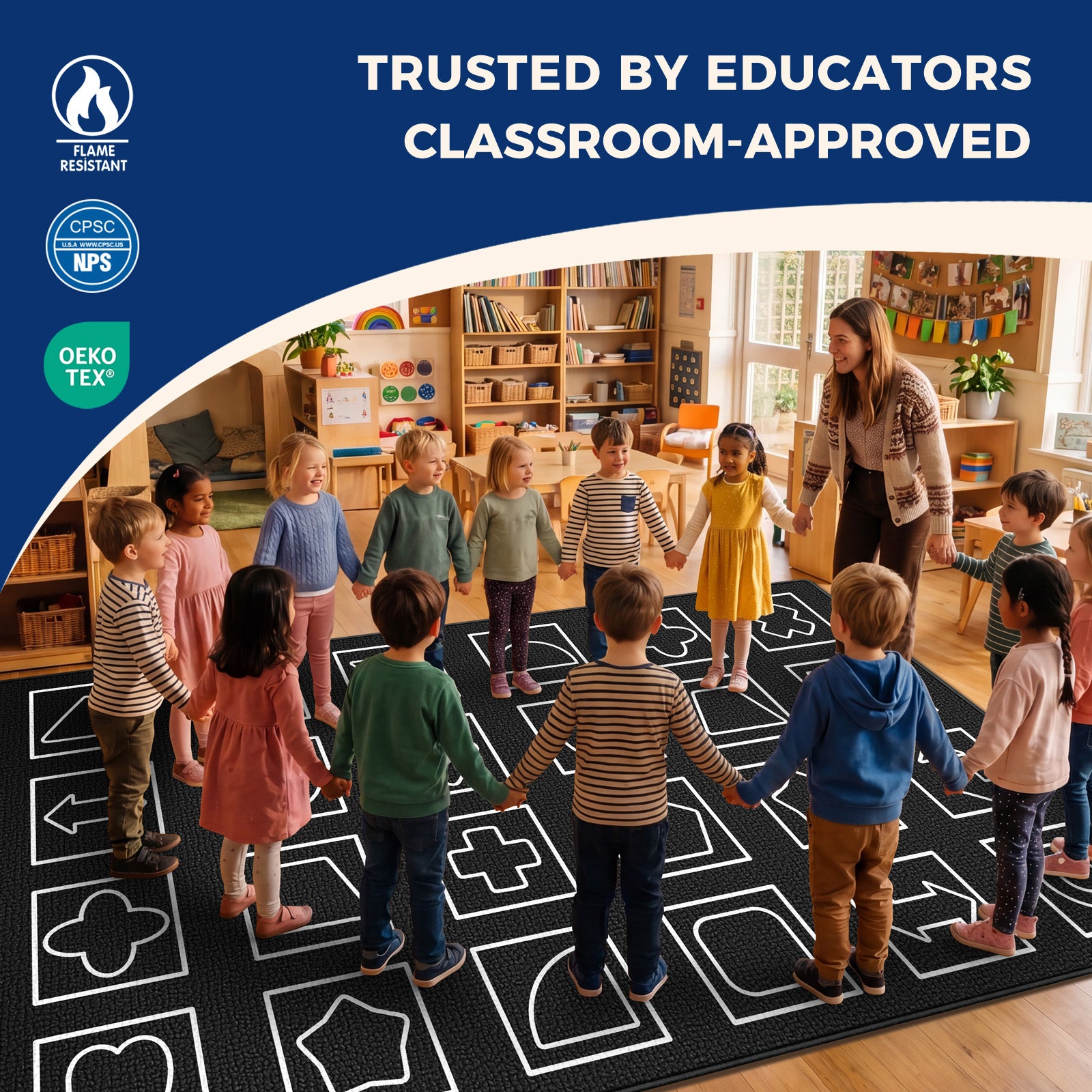 Black and White Geometry Classroom Rug