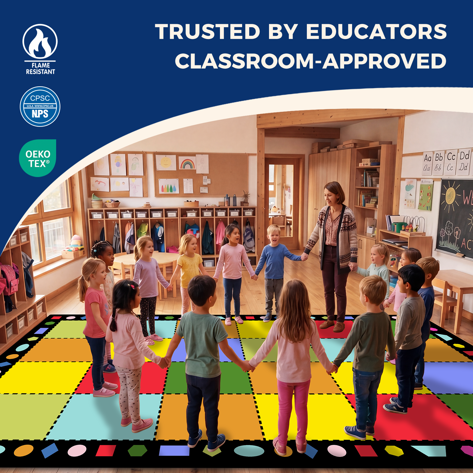 Multicolor Grid Classroom Seating Rug