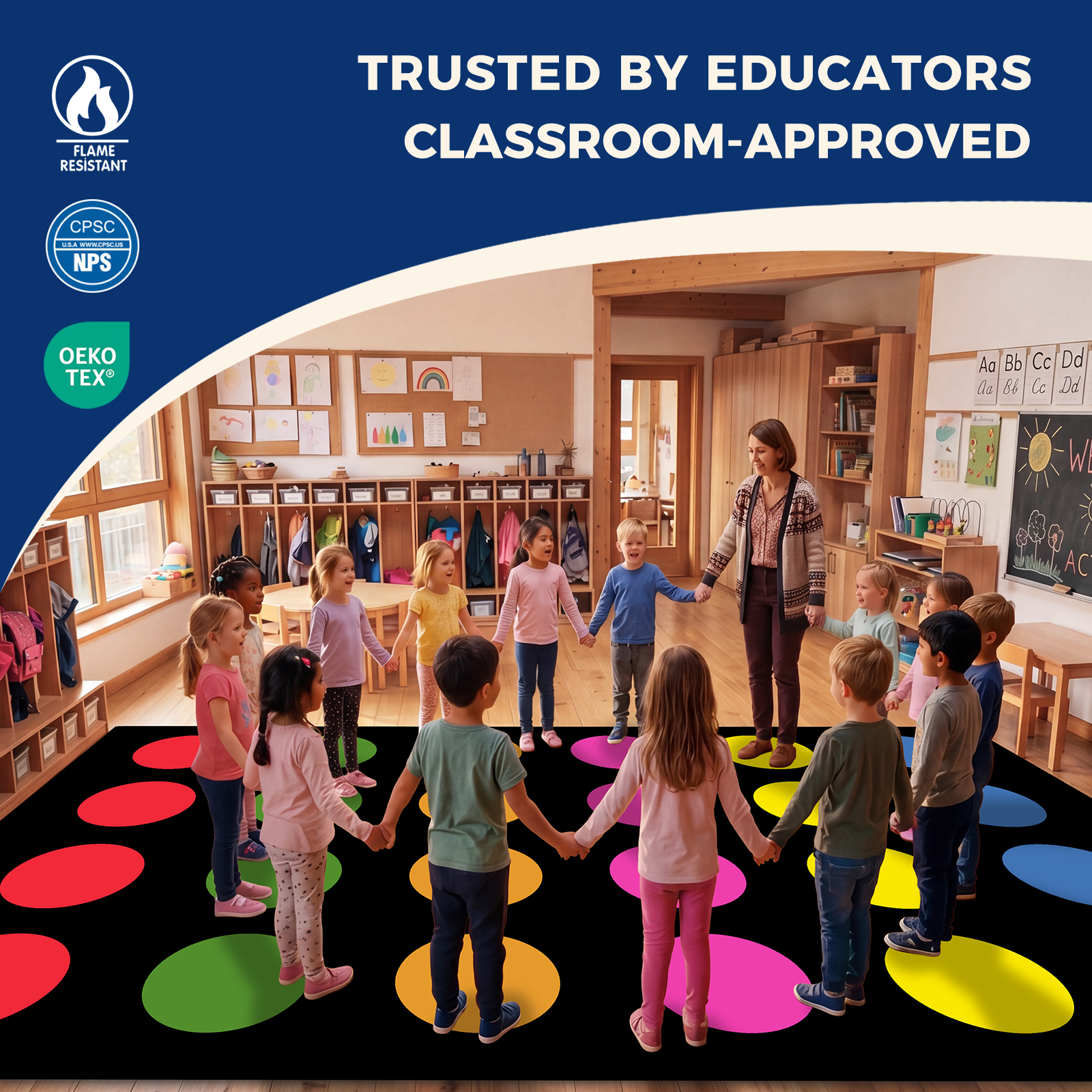 Black Colorful Circle Sit Spots Classroom Rug