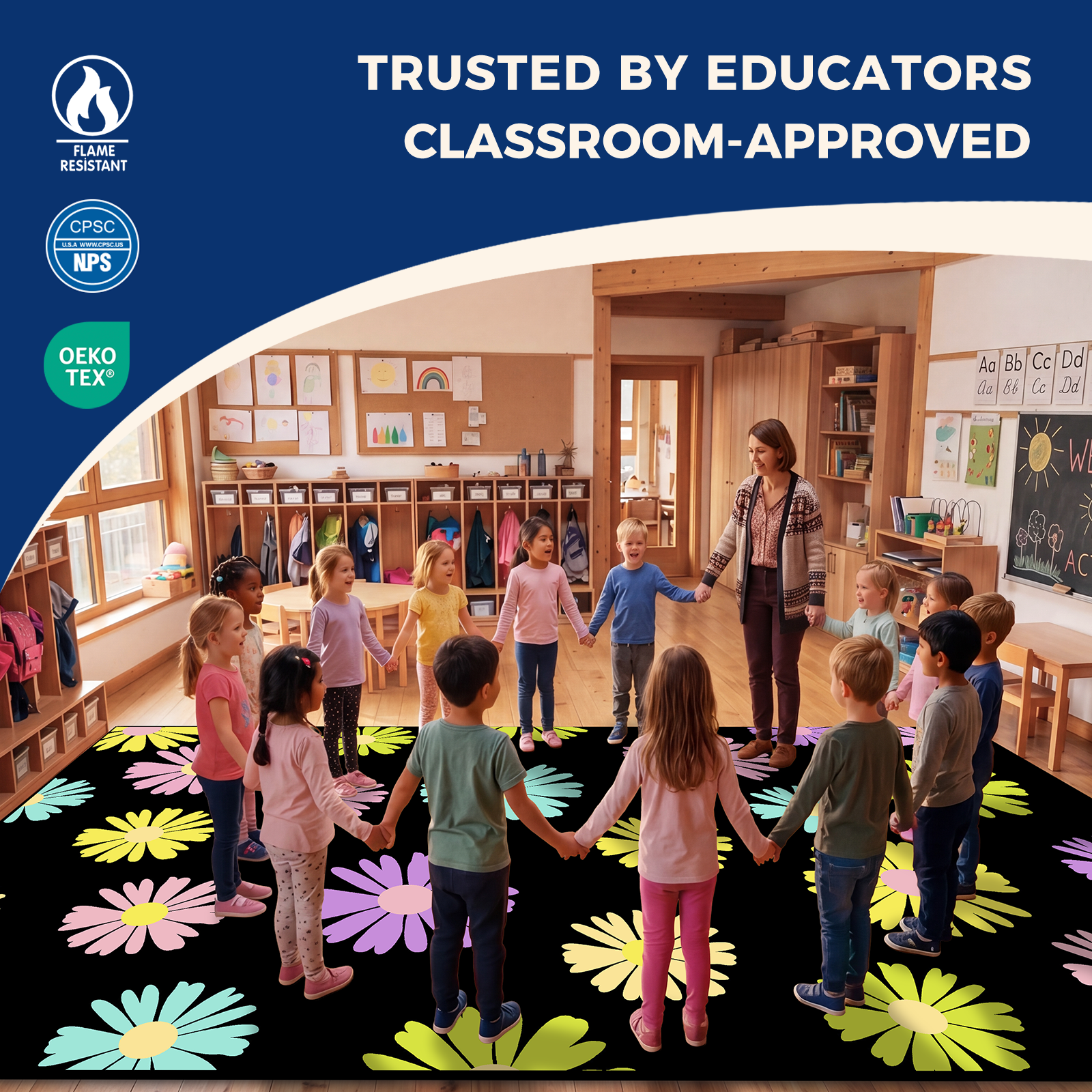 Black Daisy Floral Classroom Rug