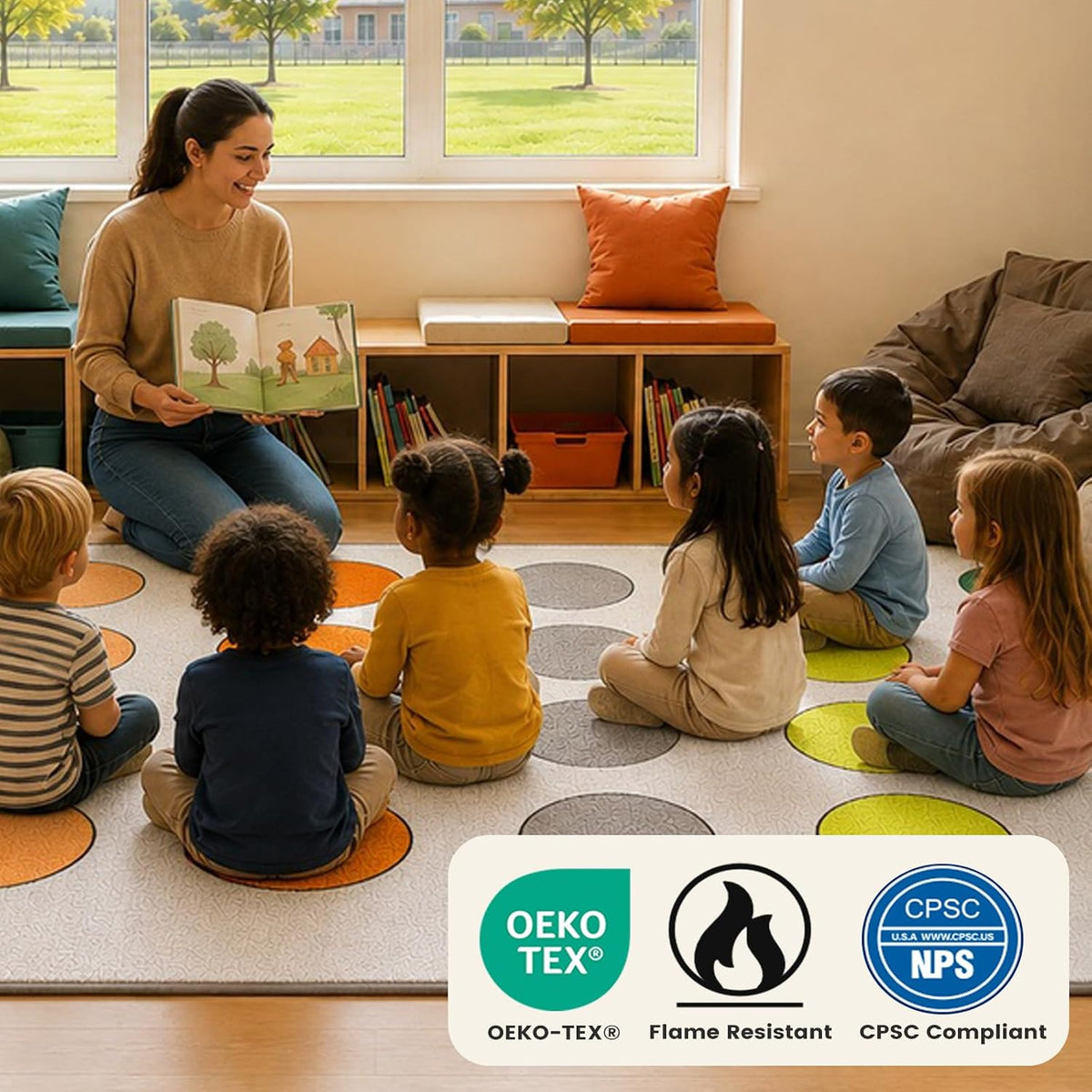 Calm Circles 24-Spot Classroom Rug