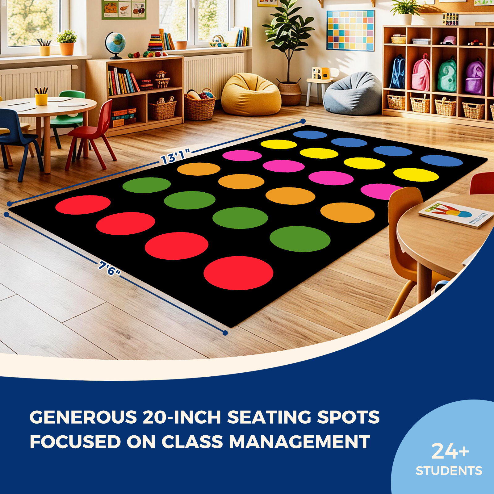 Black Colorful Circle Sit Spots Classroom Rug