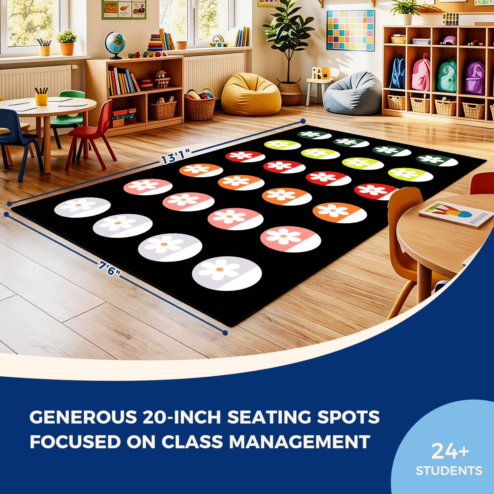 Black Daisy Circle Classroom Rug