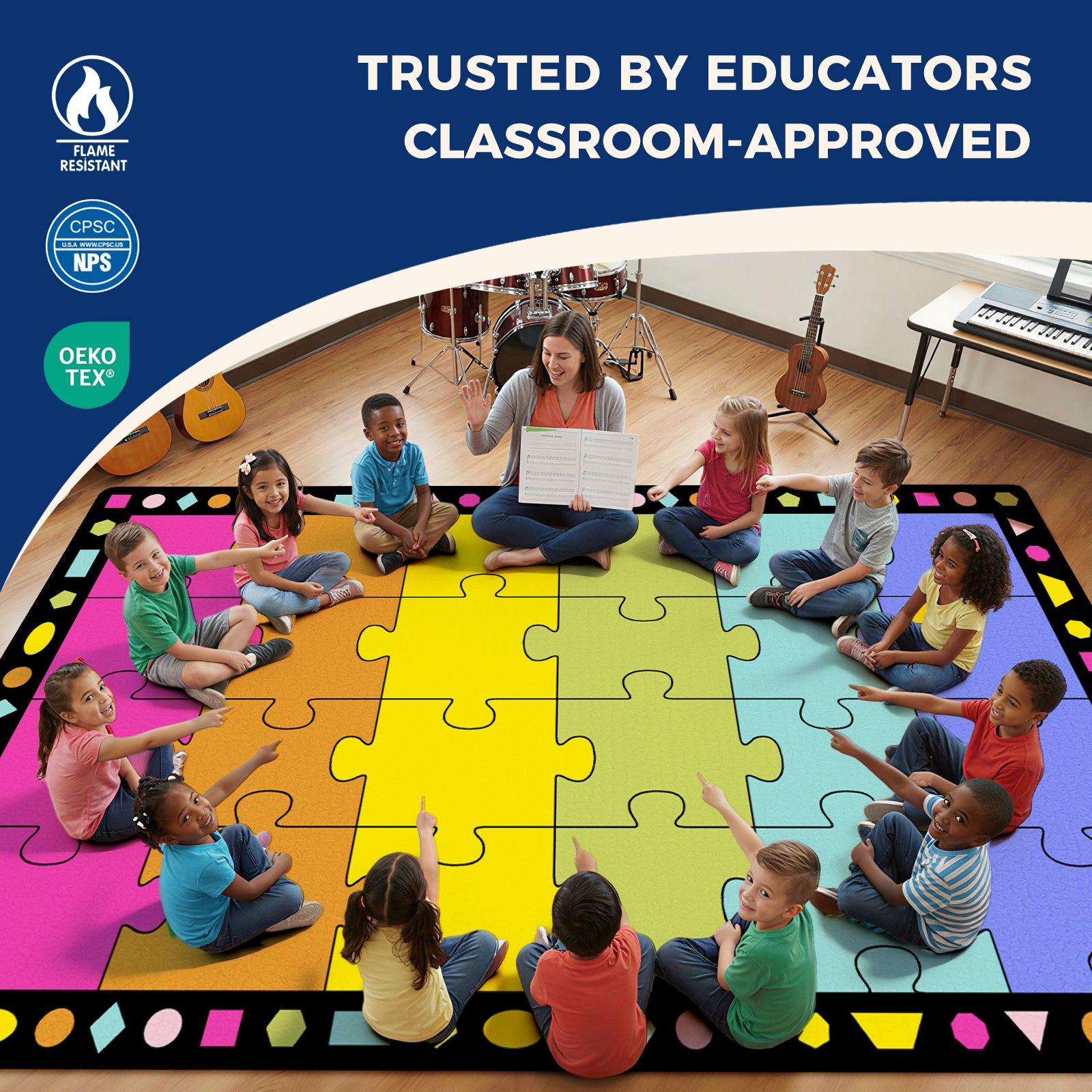 Colorful Puzzle Classroom Seating Rug