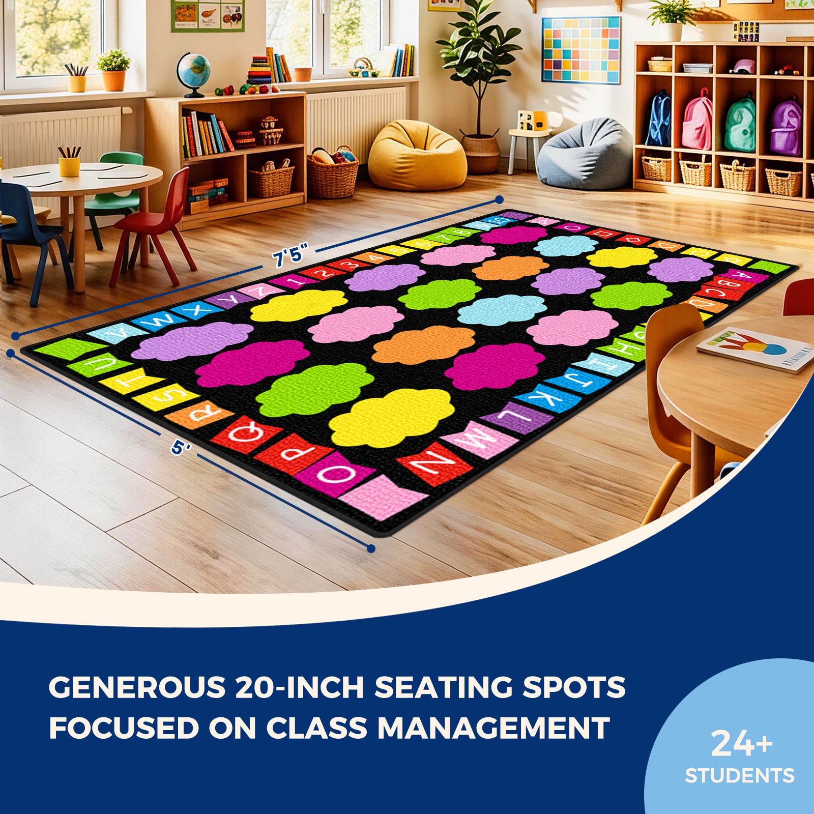 20-Seat Colorful Cloud Alphabet Classroom Rug