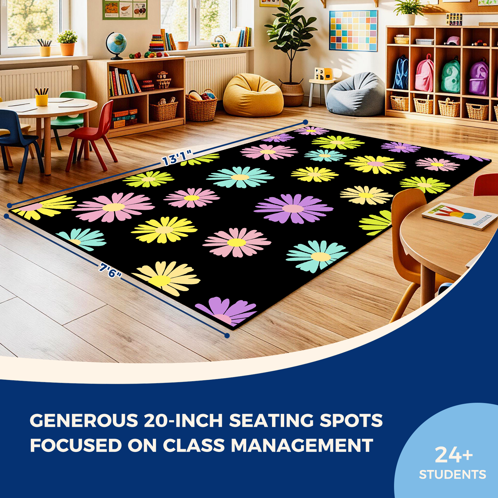 Black Daisy Floral Classroom Rug