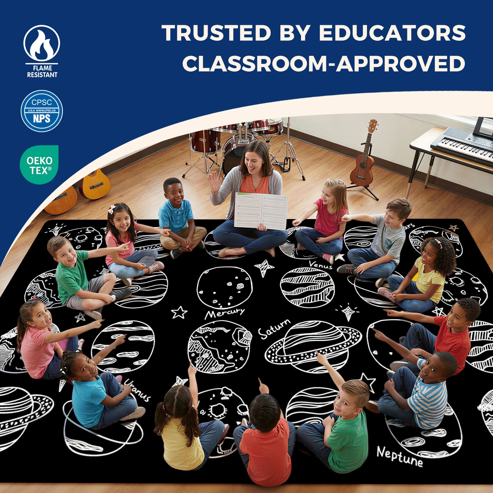 Black & White Planet Classroom Rug