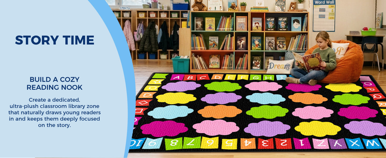 20-Seat Colorful Cloud Alphabet Classroom Rug classroom rug scene image 7