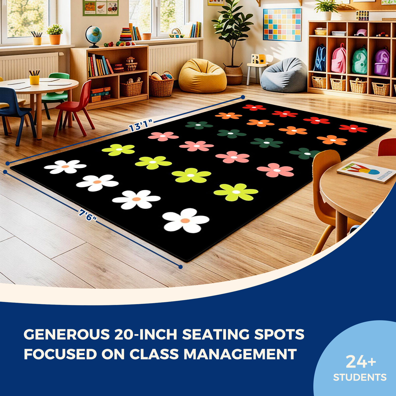 Black Daisy Floral Classroom Rug