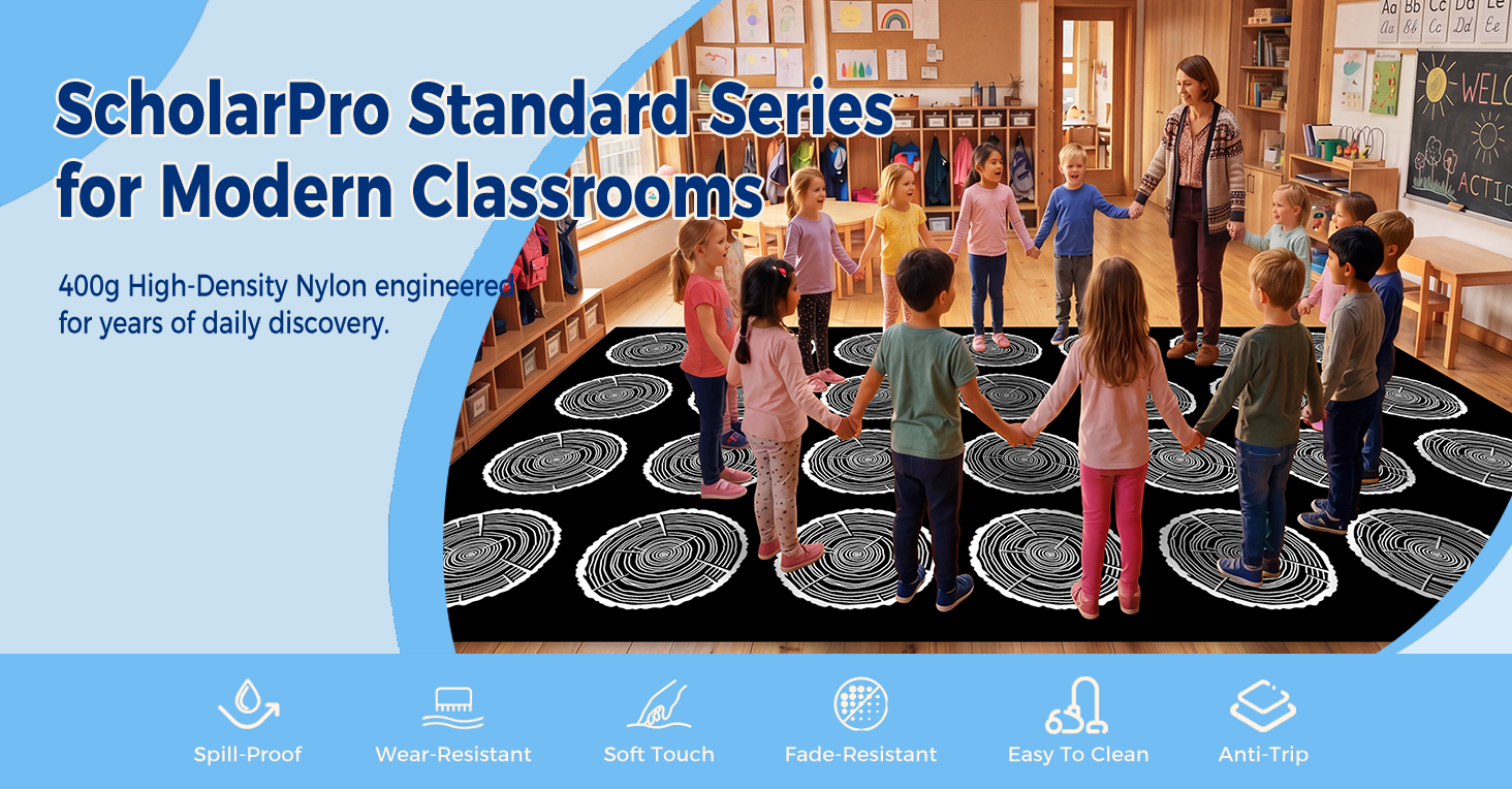 Black & White Tree Stump 28-Seat Classroom Rug classroom rug scene image 1