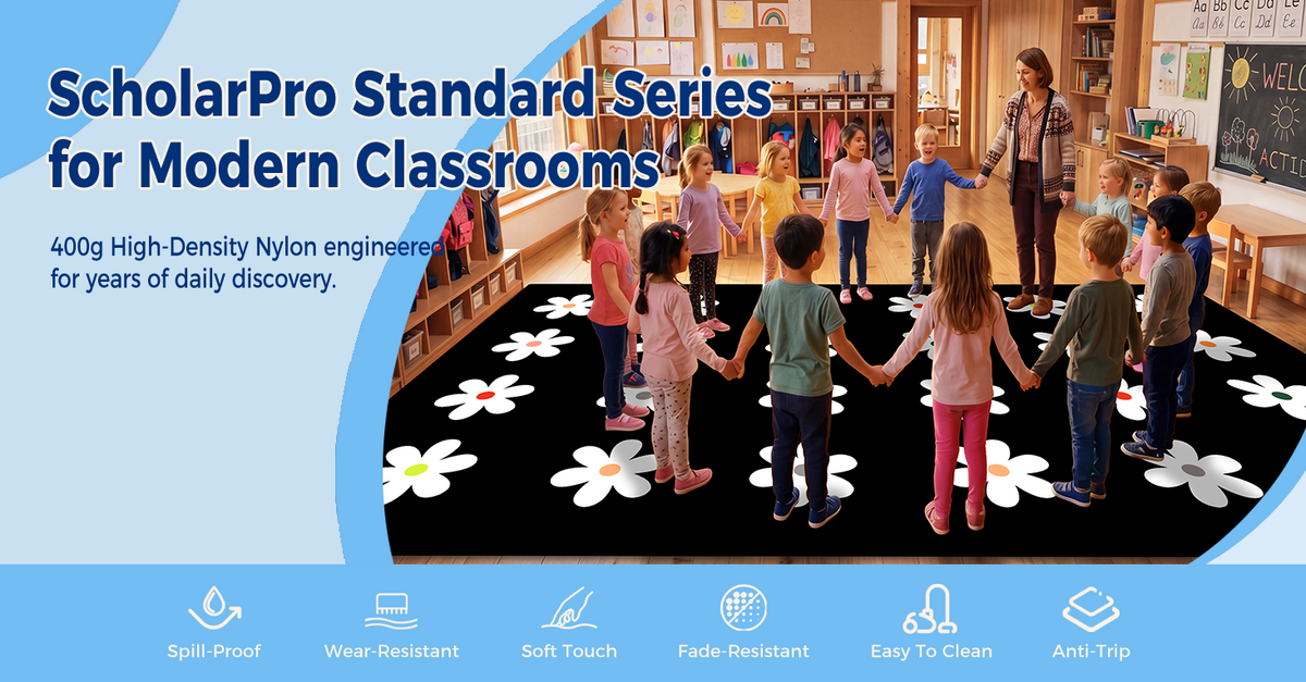 Black Daisy Classroom Rug classroom rug scene image 1